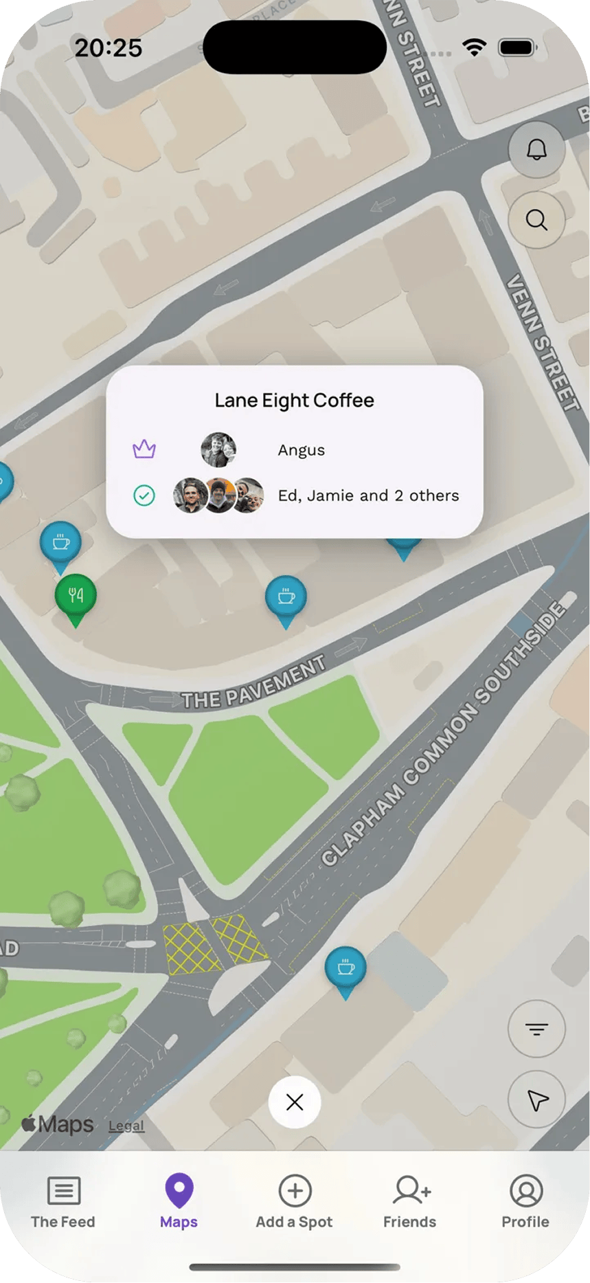 A map of Clapham with colour-coded pins, showing Lane Eight Coffee where Angus marked it a Top Spot and four others recommended it.