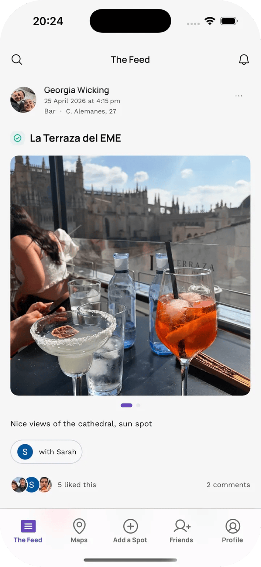 The Been There feed: Georgia Wicking shared La Terraza del EME, a bar in Seville with cathedral views, with Sarah.